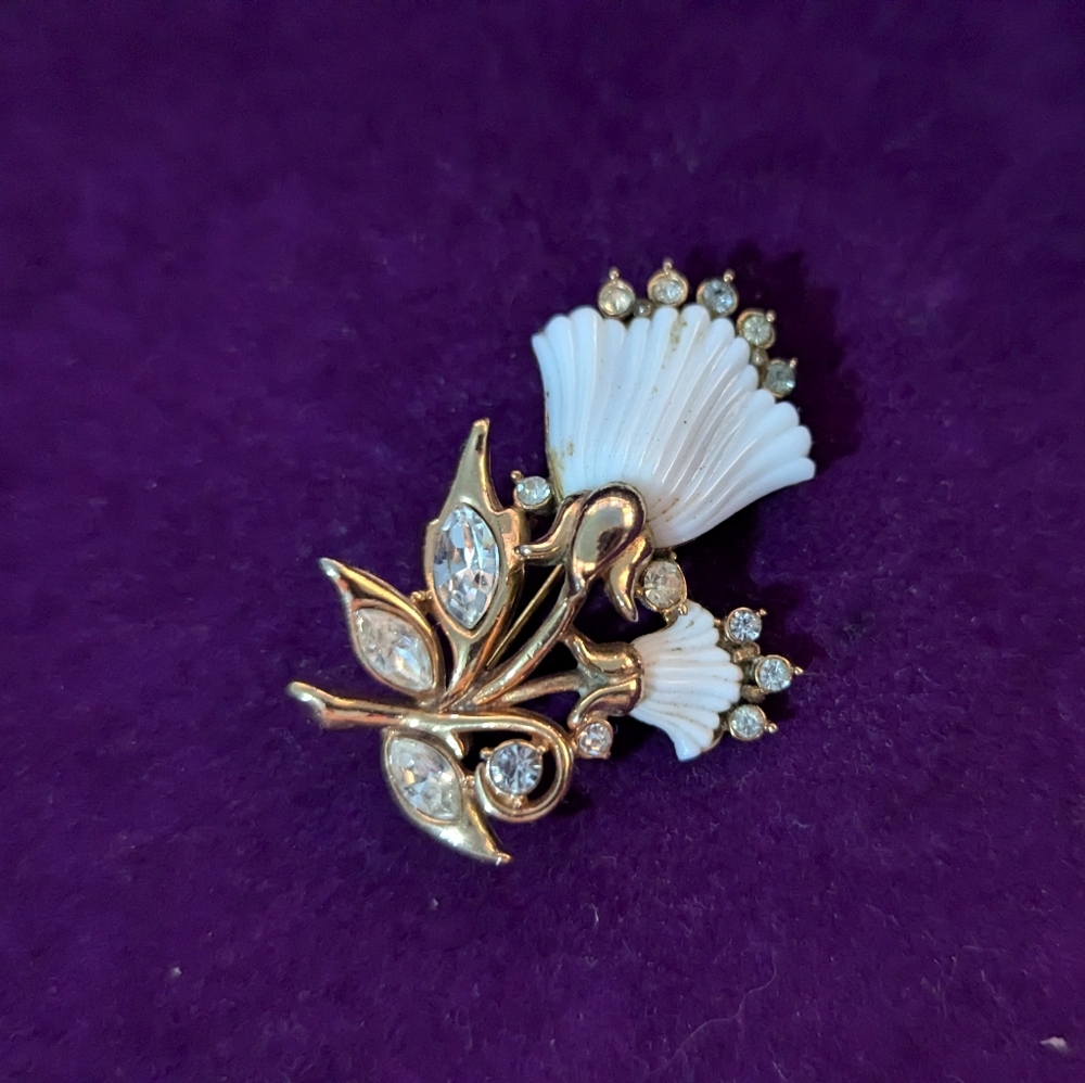 White Milk Glass Flower Brooch Stamped Holly Craft 1953